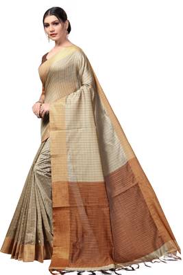Chiku plain cotton silk saree with blouse 2