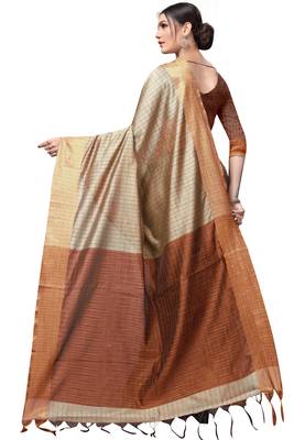 Chiku plain cotton silk saree with blouse 3