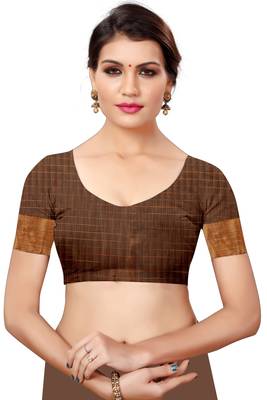 Chiku plain cotton silk saree with blouse 4