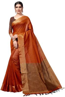 Orange plain cotton silk saree with blouse 1