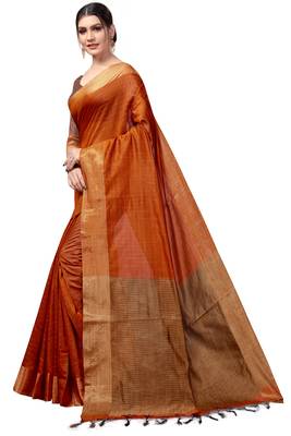 Orange plain cotton silk saree with blouse 2