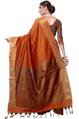 Orange plain cotton silk saree with blouse 3
