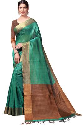 Dark green plain cotton silk saree with blouse 1