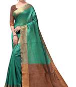 Dark green plain cotton silk saree with blouse