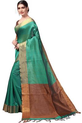Dark green plain cotton silk saree with blouse 2