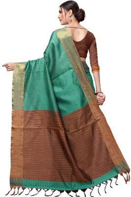 Dark green plain cotton silk saree with blouse 3