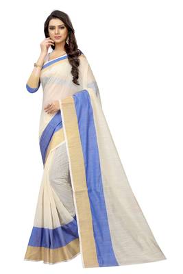 Blue plain cotton silk saree with blouse 1