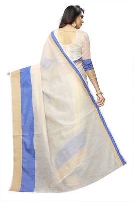 Blue plain cotton silk saree with blouse 3