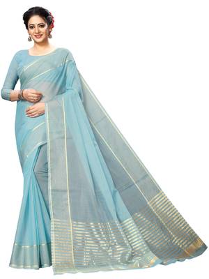 Blue plain cotton silk saree with blouse 1