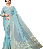 Blue plain cotton silk saree with blouse