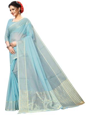 Blue plain cotton silk saree with blouse 2