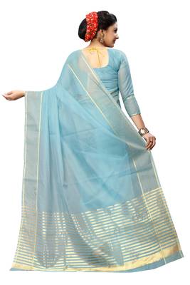Blue plain cotton silk saree with blouse 3