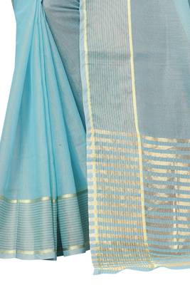 Blue plain cotton silk saree with blouse 4