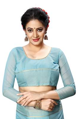 Blue plain cotton silk saree with blouse 5