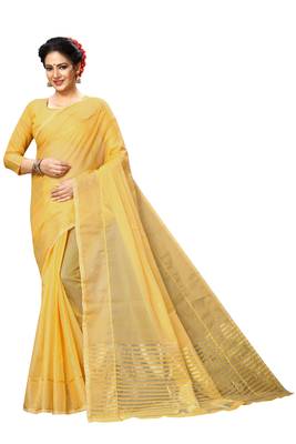 Yellow plain cotton silk saree with blouse 1
