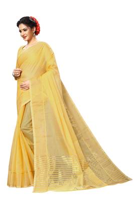 Yellow plain cotton silk saree with blouse 2