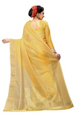 Yellow plain cotton silk saree with blouse 3