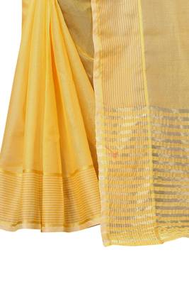 Yellow plain cotton silk saree with blouse 4