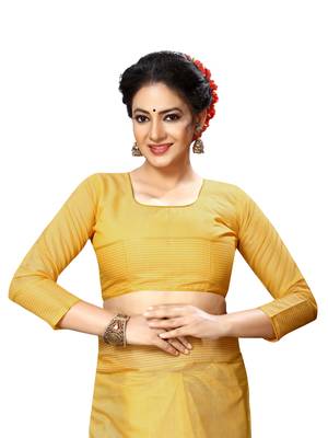 Yellow plain cotton silk saree with blouse 5