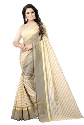 Cream plain cotton silk saree with blouse 1