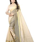 Cream plain cotton silk saree with blouse
