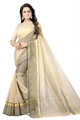 Cream plain cotton silk saree with blouse 2