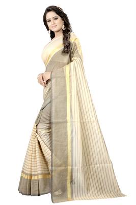 Cream plain cotton silk saree with blouse 3