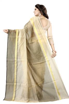 Cream plain cotton silk saree with blouse 4