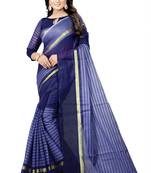Navy blue plain cotton silk saree with blouse