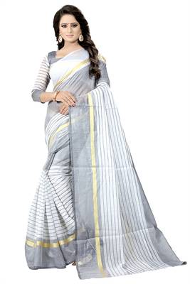 White plain cotton silk saree with blouse 1