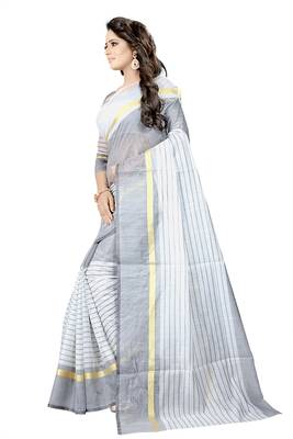 White plain cotton silk saree with blouse 2