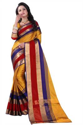 Multicolor plain cotton silk saree with blouse 1