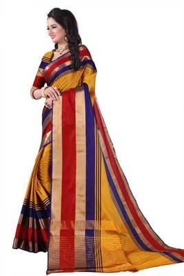 Multicolor plain cotton silk saree with blouse 2