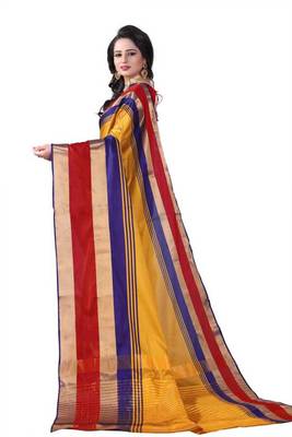 Multicolor plain cotton silk saree with blouse 3