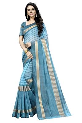 Turquoise plain cotton silk saree with blouse 1