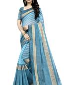 Turquoise plain cotton silk saree with blouse