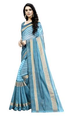 Turquoise plain cotton silk saree with blouse 2