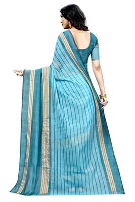 Turquoise plain cotton silk saree with blouse 3