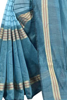 Turquoise plain cotton silk saree with blouse 4