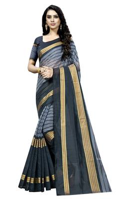 Grey plain cotton silk saree with blouse 1