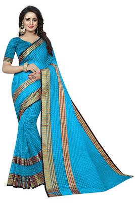 Sky blue plain cotton silk saree with blouse 1