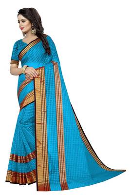Sky blue plain cotton silk saree with blouse 2