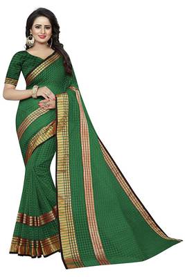 Dark green plain cotton silk saree with blouse 1