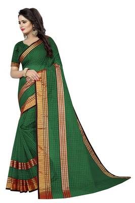 Dark green plain cotton silk saree with blouse 2