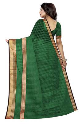 Dark green plain cotton silk saree with blouse 3