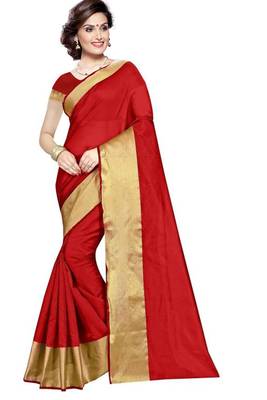 Red plain cotton silk saree with blouse 1