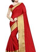 Red plain cotton silk saree with blouse