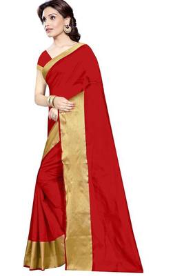 Red plain cotton silk saree with blouse 2