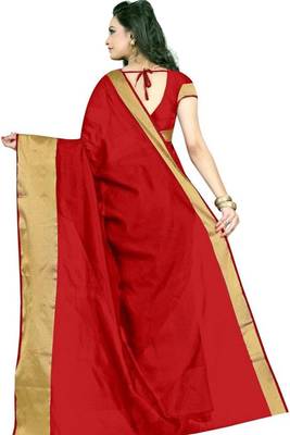 Red plain cotton silk saree with blouse 3