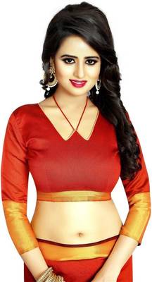 Red plain cotton silk saree with blouse 4